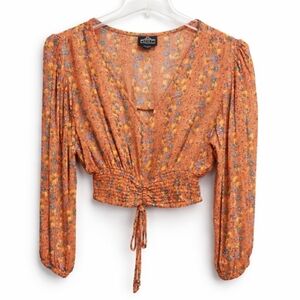 Angie Orange Floral Cropped Smocked Boho Blouse Sz Lg